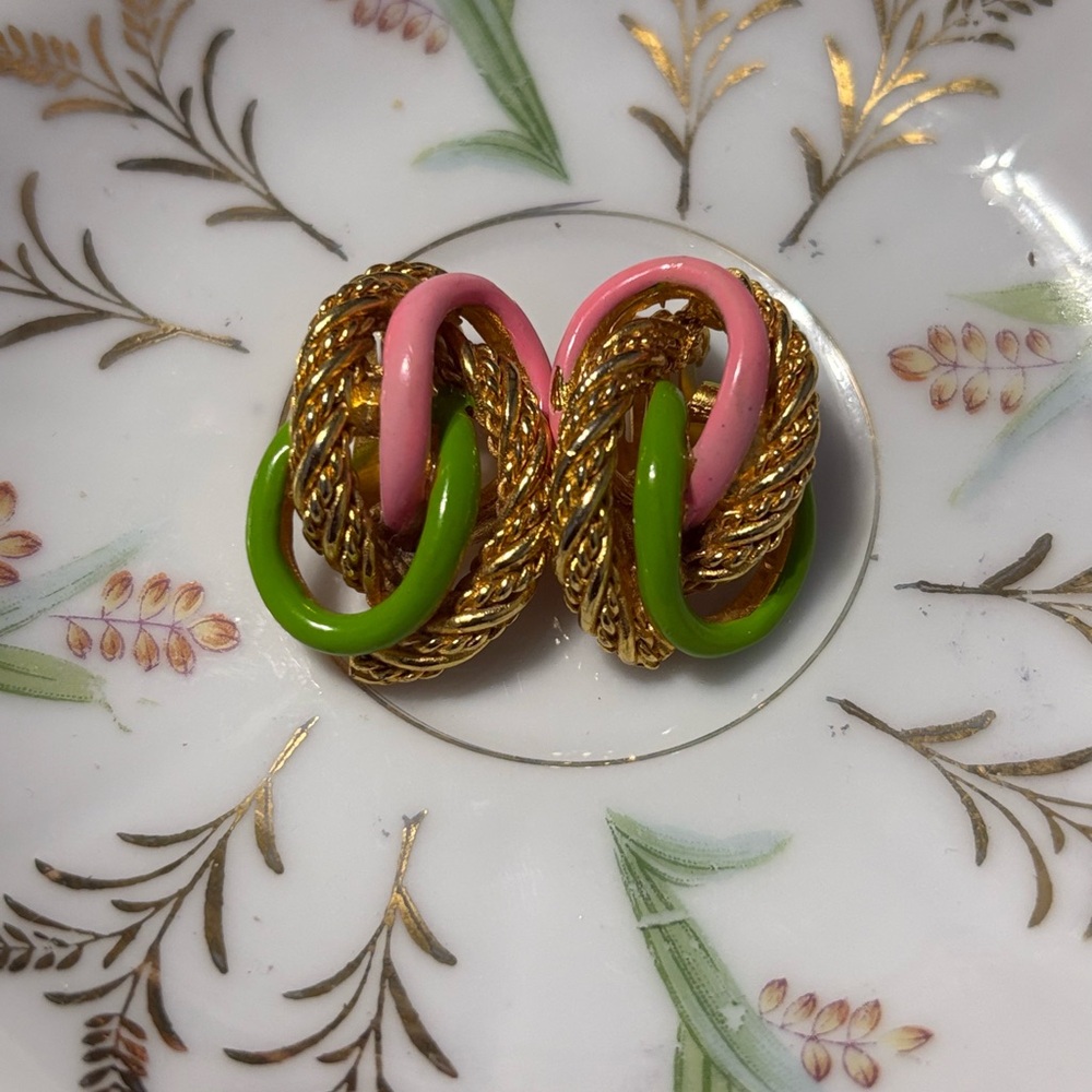 Vintage Gold, Pink, and Green Knot Earrings